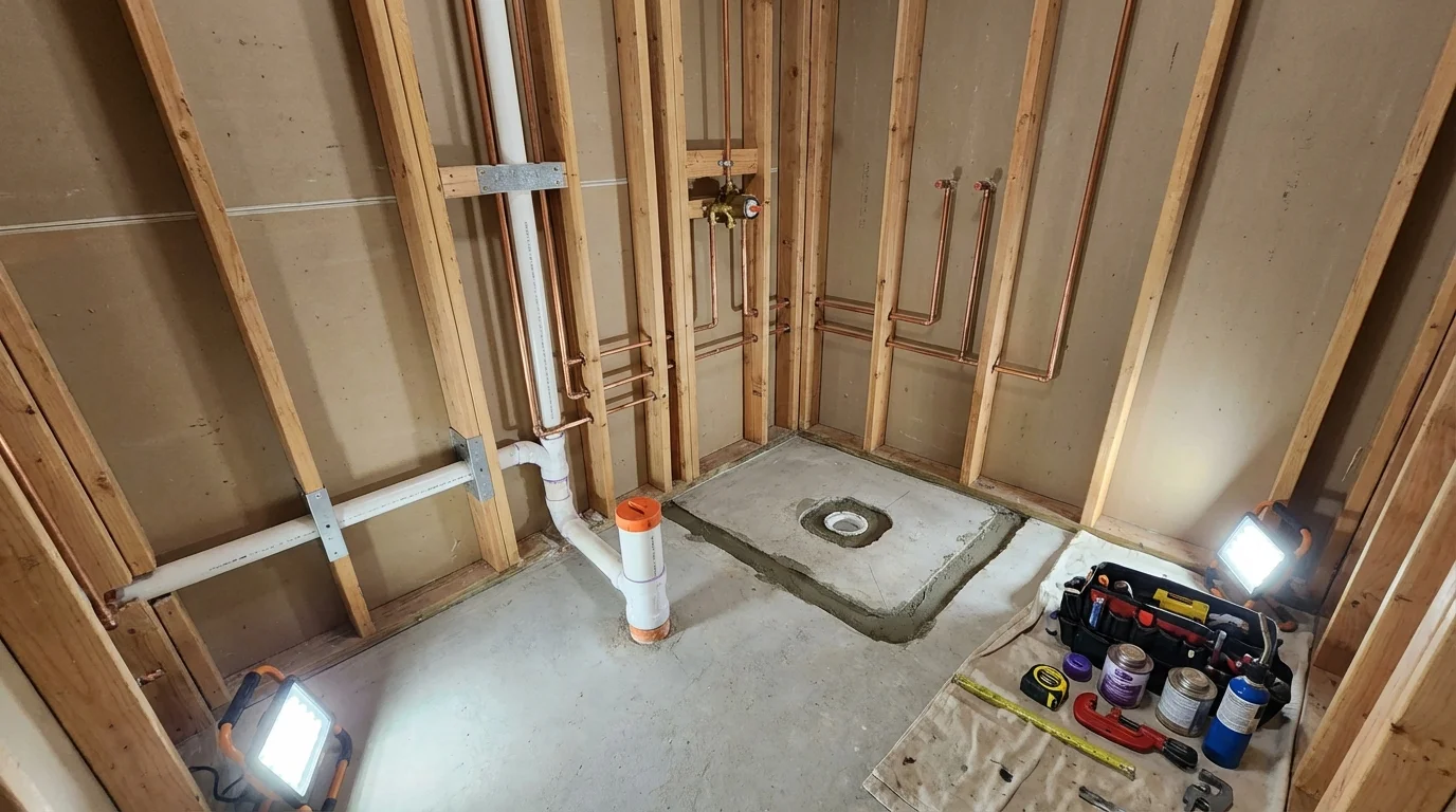 Bathroom rough-in plumbing during remodel by Johns Plumbing LLC in East Helena