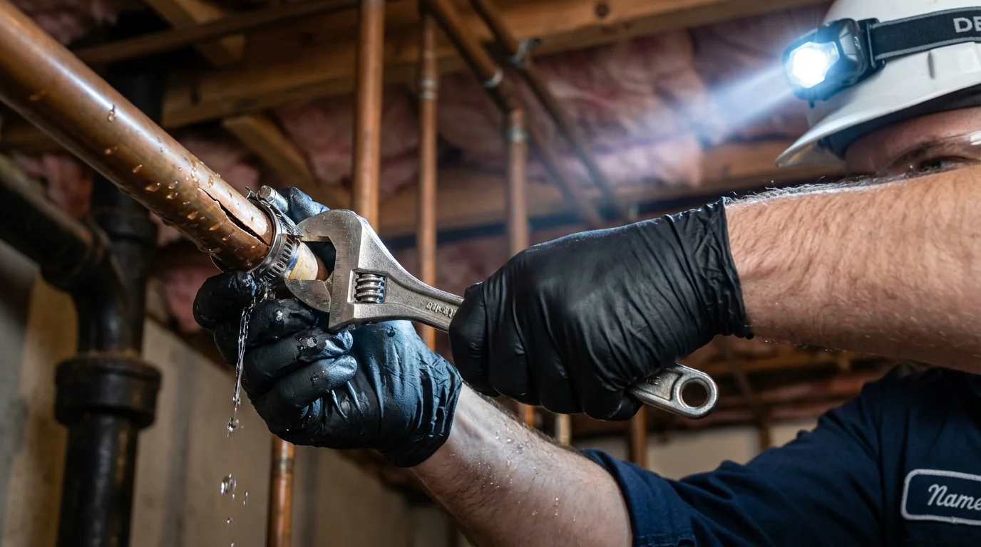 Emergency pipe clamp repair being performed by a Johns Plumbing LLC plumber in East Helena