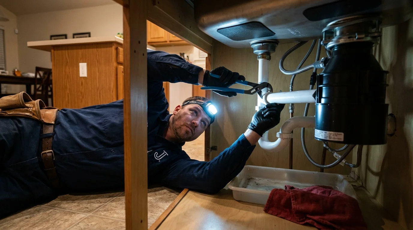 P-trap and supply line connections under a kitchen sink showing a common leak point in East Helena, MT